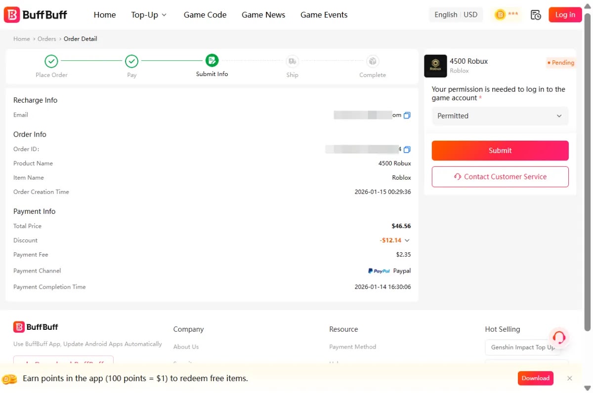 Roblox order detail — confirm login permission